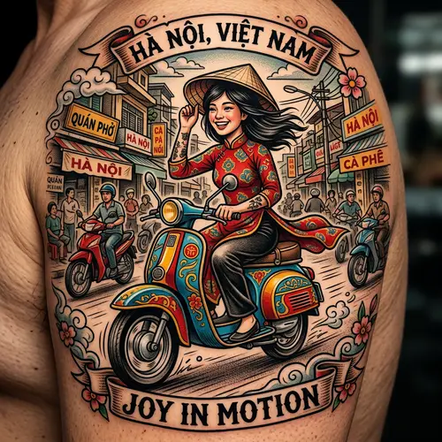 Traditional Tattoo of Vietnamese Girl on Scooter