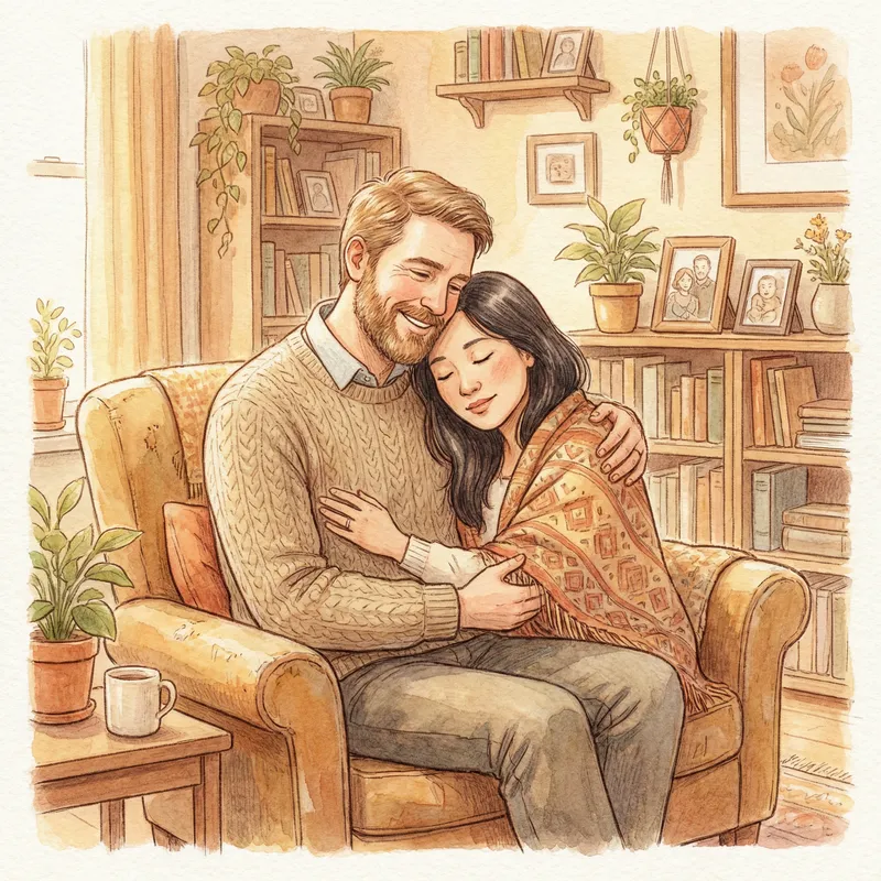 Caring Caucasian Father Embraces Asian Wife Caring Caucasian Father Embraces Asian Wife