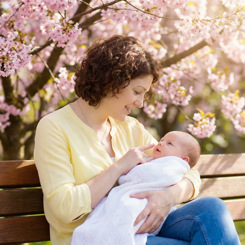 Mother's Tender Moment with Newborn Baby under Cherry Tree