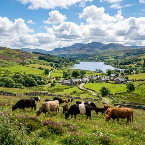 Scenic Galloway Scotland: Lush Hills, Cattle & Stone Houses