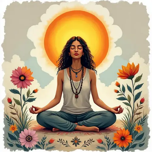 Bohemian Meditation Art: Vibrant Flower & Sun Painting