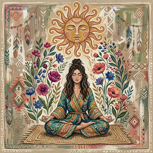 Bohemian Meditation Art: Vibrant Flower & Sun Painting