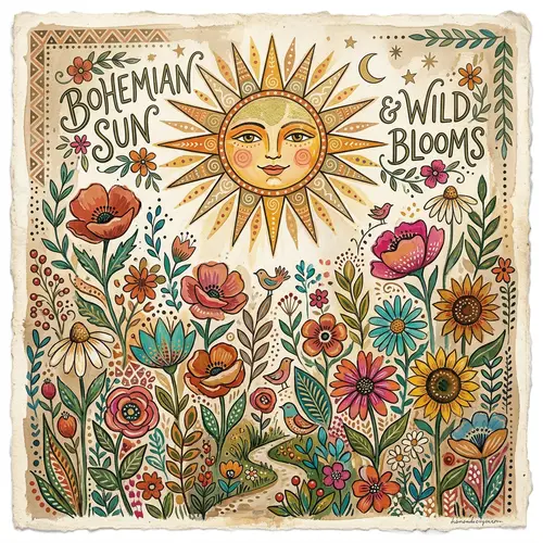 Bohemian Hand-Painted Art: Flowers & Sun