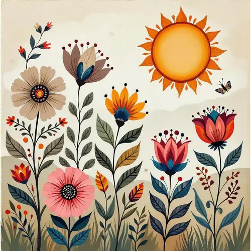 Bohemian Hand-Painted Art: Flowers & Sun