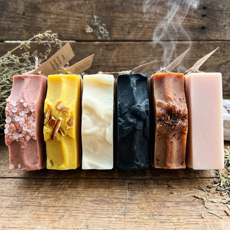 Assorted Natural Artisan Handmade Soaps: Pink Clay, Yellow Peel, White, Charcoal, Rooibos Tea