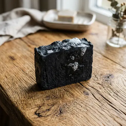Natural Handmade Charcoal Soap on Wooden Surface