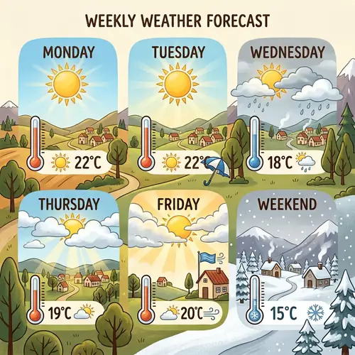 Weekly Weather Forecast: Sunny Monday-Tuesday, Passing Shower Wednesday, Cloudy Thursday-Friday, Snowy Weekend - 22°C to 15°C