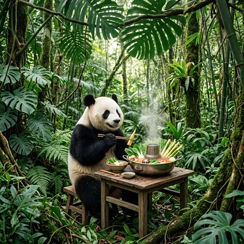 Panda Enjoying Hotpot Meal in Lush Jungle Canopy