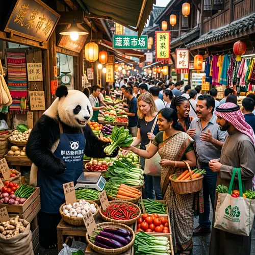 Panda Selling Vegetables in Traditional Chinese Marketplace
