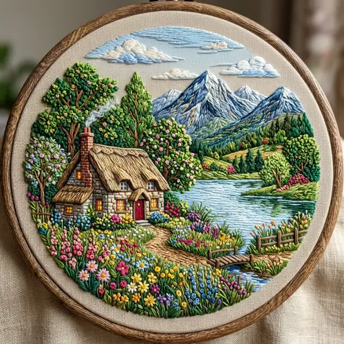 Detailed Embroidery Artwork of Countryside Scenery | Thread Painting
