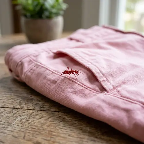 Vivid Red Ant Crawling on Soft Pink Pants