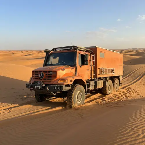 Stranded Heavy-Duty Truck in Vast Golden Sand