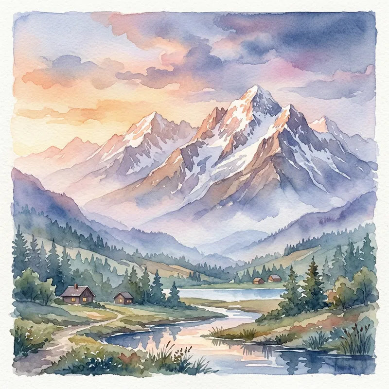 Tranquil Mountain Watercolor Landscape Tranquil Mountain Watercolor Landscape