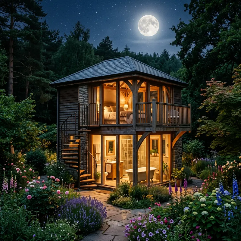 Moonlit Bedroom Overlooking Enchanted Garden Scene