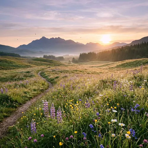 Tranquil Meadow at Dawn with Blooming Flowers