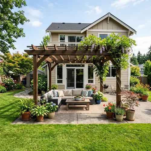 Beautiful Backyard with Concrete Patio and Pergola