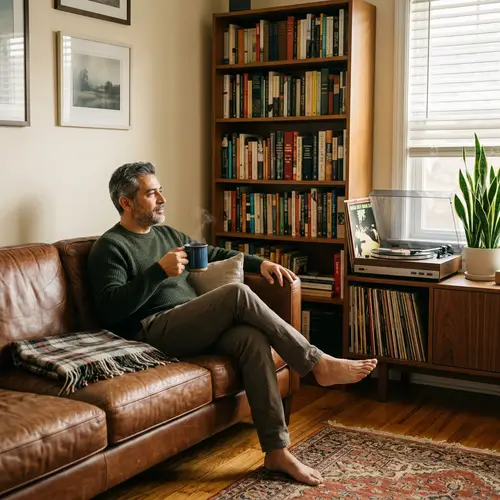 Serene Scene of a Hispanic Man Relaxing in a Cozy Living Room