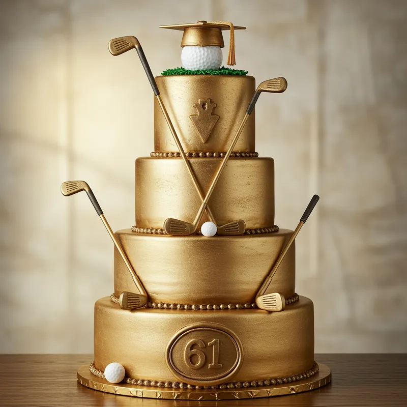 Gold Themed Graduation Cake with Golf Clubs