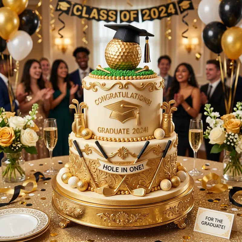 Gold Themed Graduation Cake with Golf Clubs
