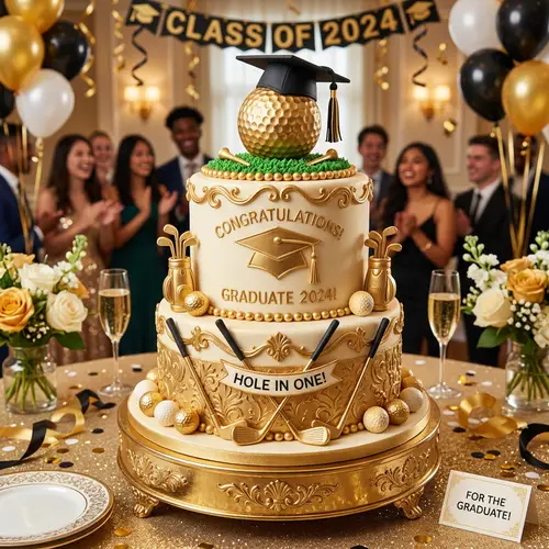Gold Themed Graduation Cake with Golf Clubs