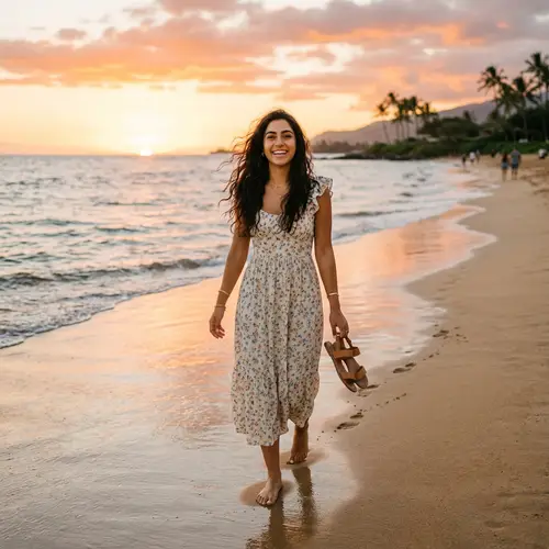 Tranquil Middle-Eastern Woman on Beach at Sunset