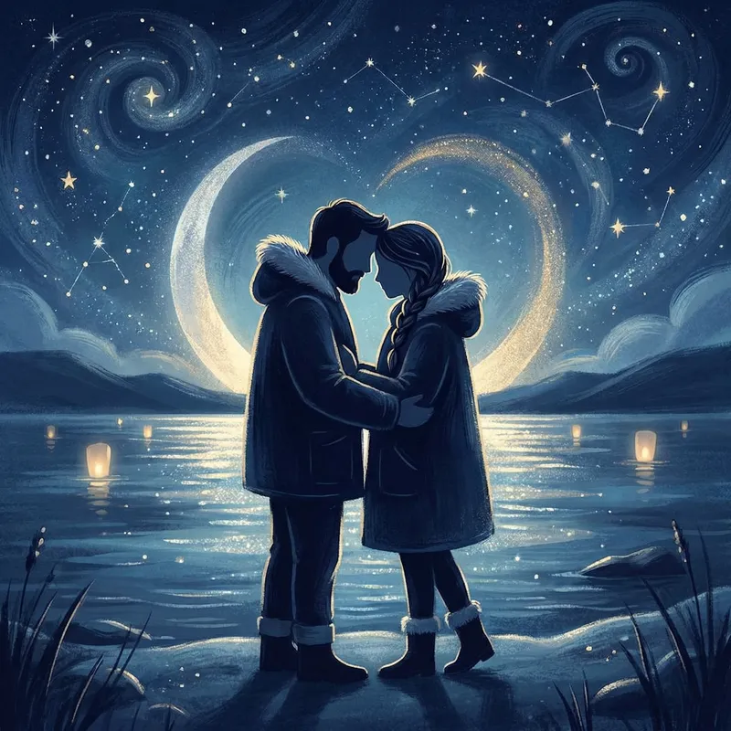 Romantic Nighttime Embrace Under Starry Sky
