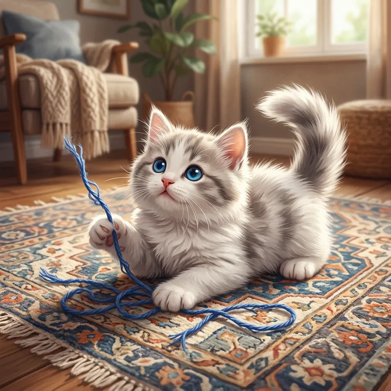 Cute Kitten with Blue Eyes on Patterned Rug
