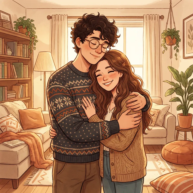 Warm Embrace of a Man and Woman with Glasses and Long Hair Warm Embrace of a Man and Woman with Glasses and Long Hair