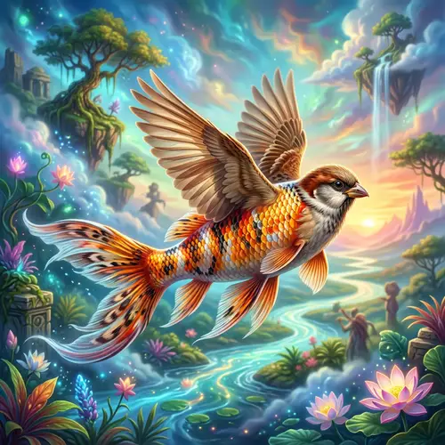 Fantastical Koi Fish Sparrow Hybrid in Surrealist Landscape