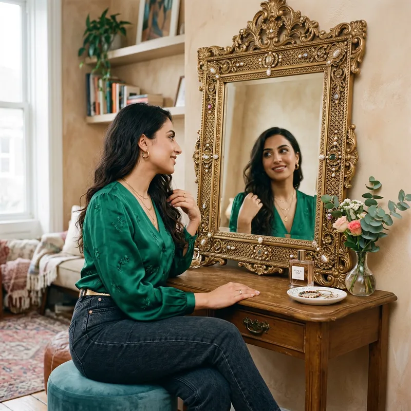 Beautiful Woman Looking in Mirror