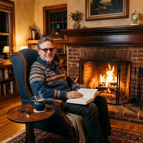 Man in Tinted Glasses Seated by Roaring Fireplace