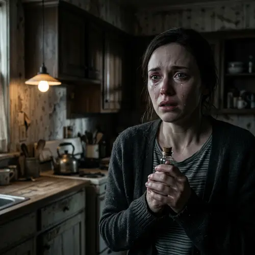 Dramatic Kitchen Horror: Woman's Emotional Struggle