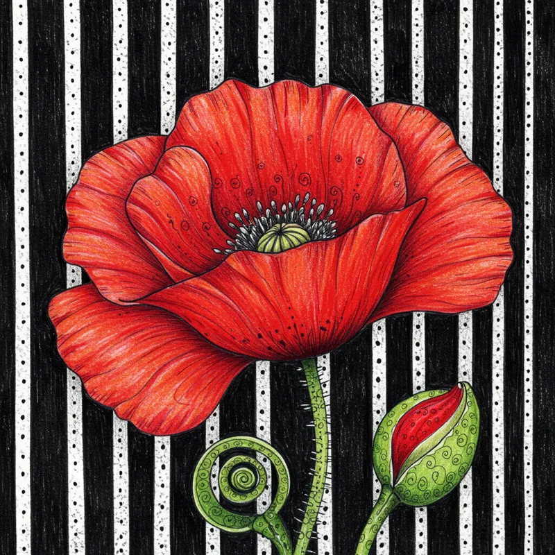 Vibrant Red Poppy Botanical Illustration