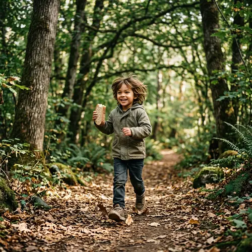 Child Running Through Lush Forest with Bread - Adventure and Exploration
