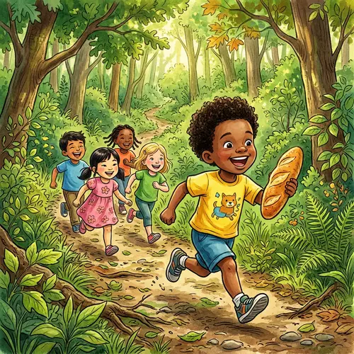 Joyful Black Boy Running in Forest with Playmates | Website Name