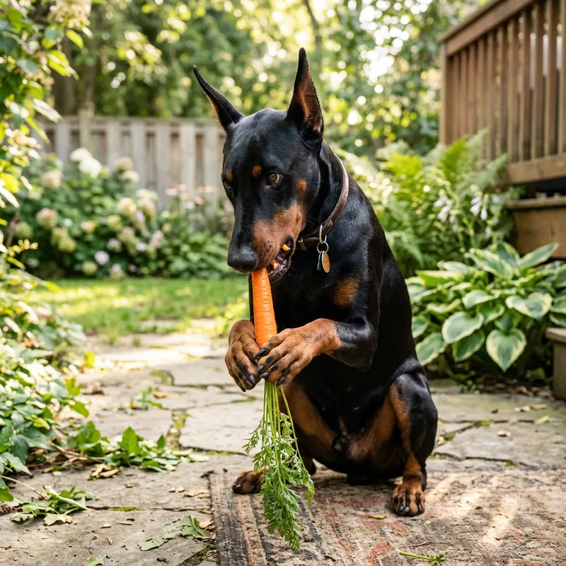 Black Doberman Eating Carrot: An Endearing Sight