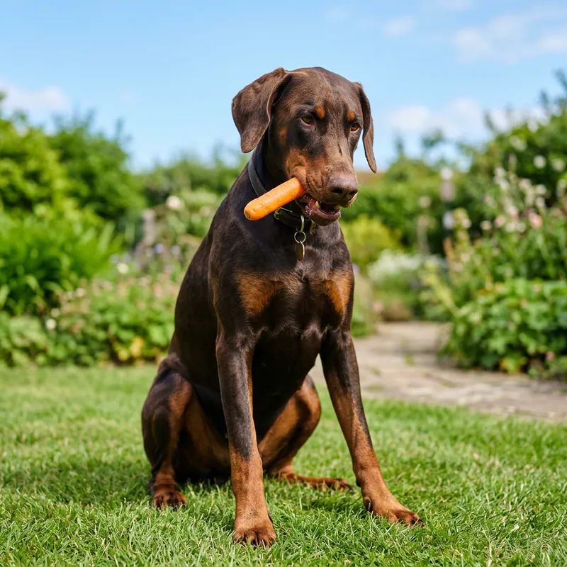 Doberman Enjoying Fresh Carrot Snack Outdoors