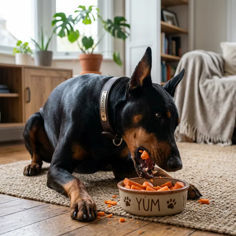 Angelic Black Doberman Eating Carrots - Enthusiastic Pup
