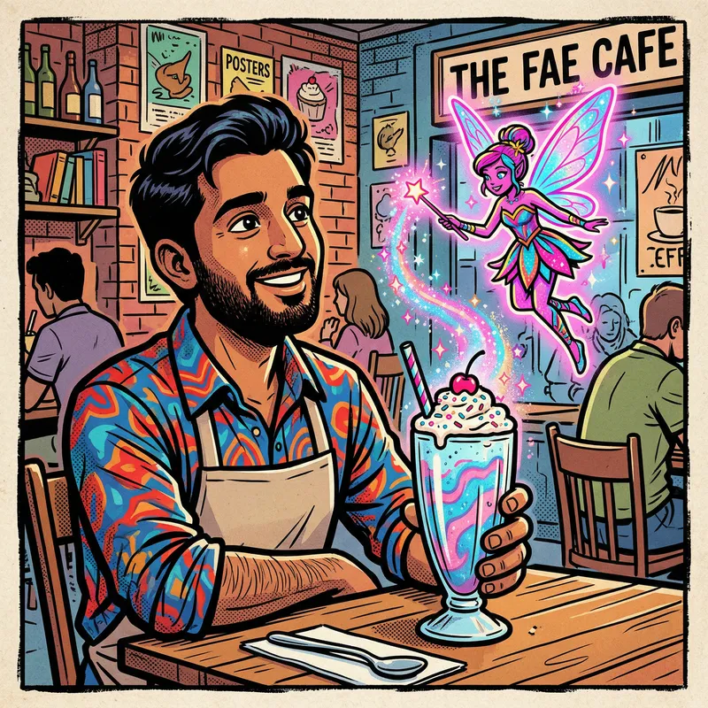 Fantasy Man Enjoying Magical Milkshake with Fairy - Vibrant Stencil Art