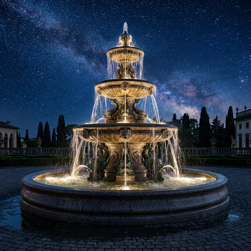 Vividly Detailed Multi-Level Fountain with Glimmering Water | Stellar Backdrop Vividly Detailed Multi-Level Fountain with Glimmering Water | Stellar Backdrop