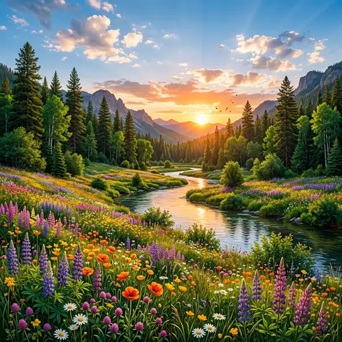 Serene Landscape: Lush Nature with Trees, Wildflowers, and River