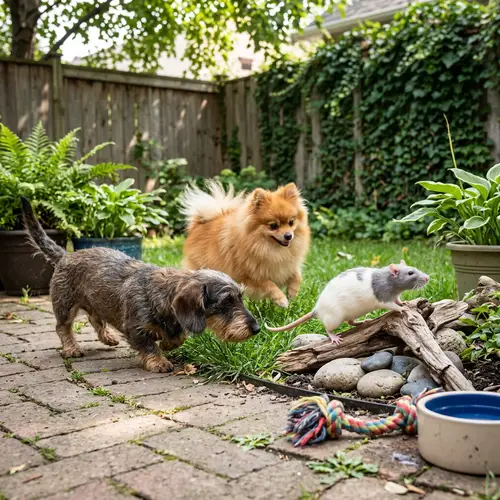 Charming Scene of Small Dogs Interacting with Large Rat