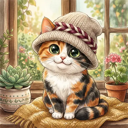 Cat Illustration with Diverse Coat Patterns and Hat