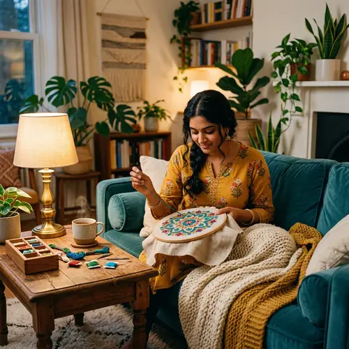 Beautiful Woman Embroidering in a Cozy Room