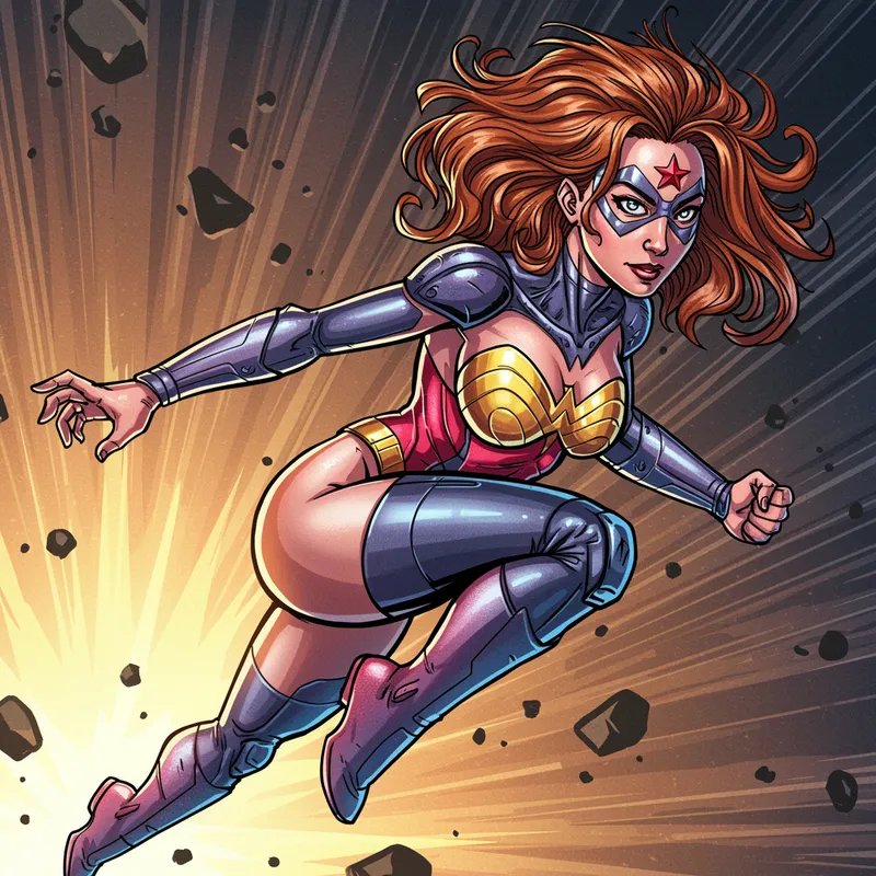 Dynamic Female Superhero in Vibrant Action Scene