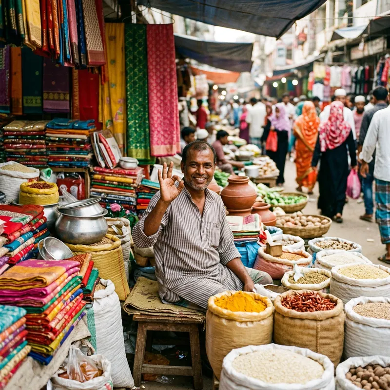 Smiling Chinese Market Vendor Shows Ok Sign Among Colorful Goods
