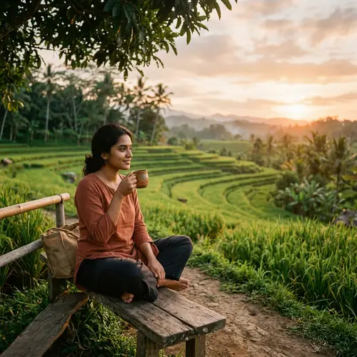 Tranquil South Asian Woman Sipping Coffee in Serene Rice Field