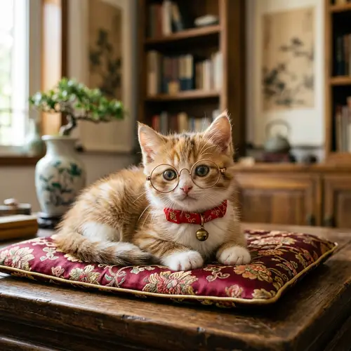 Chinese Kitten with Round Glasses - Realistic Photo