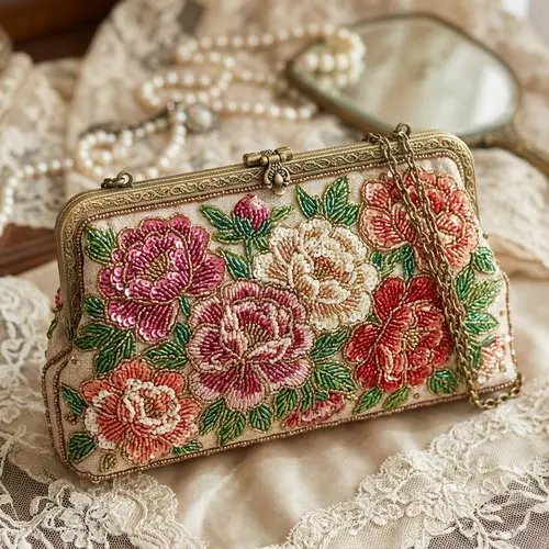 Retro Beaded Clutch with Peony Embroidery