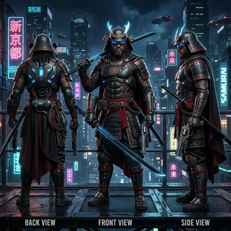 Futuristic Samurai with Black Katana and Revolver | Diverse Blend of Cultures